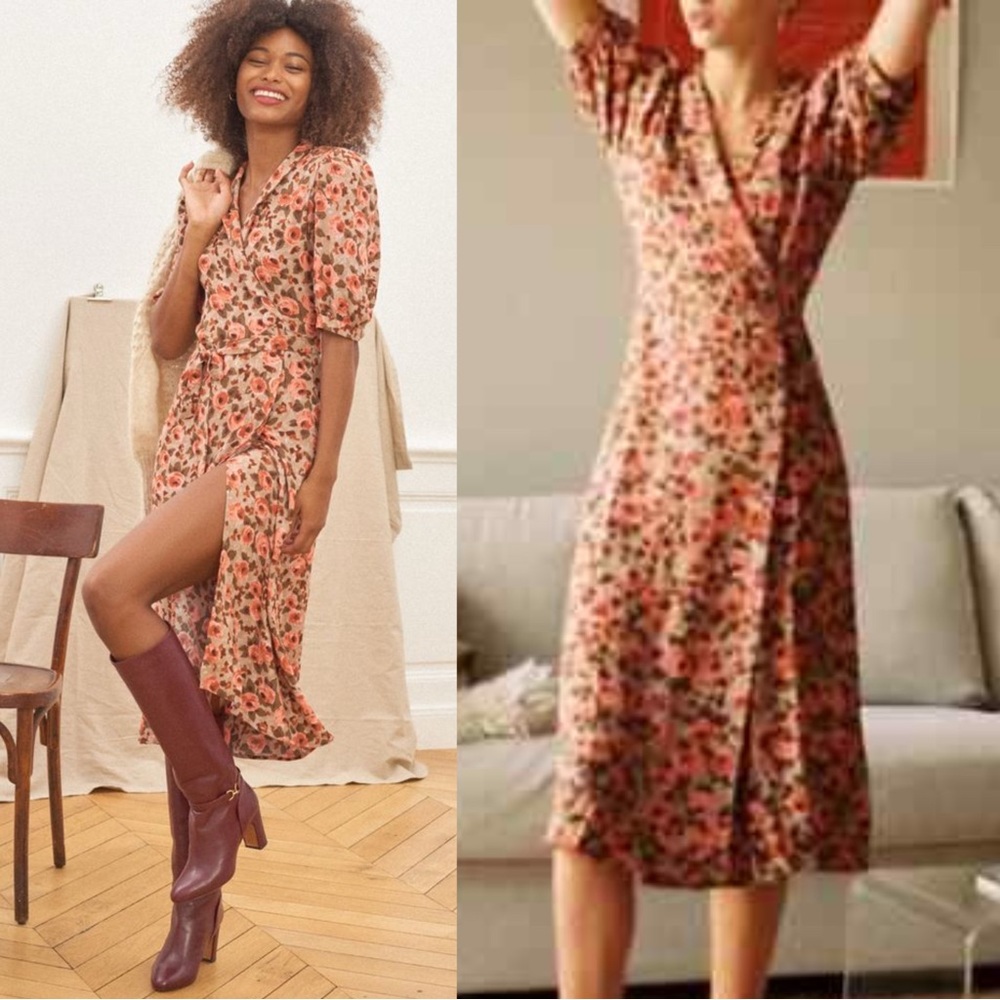 ROUJE Pink Tan Classic Retro Floral Printed Tea Rose Louisa Midi Wrap Dress 4/6 - Picture 14 of 14